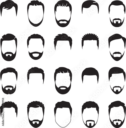 Diverse collection of stylish male hairstyles and beard variations in silhouette