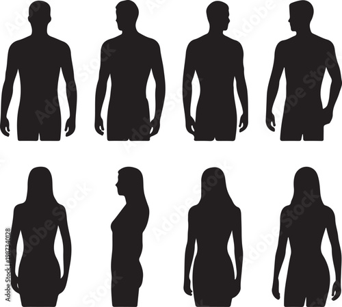 Silhouettes of eight human figures showing variations in body posture and attire