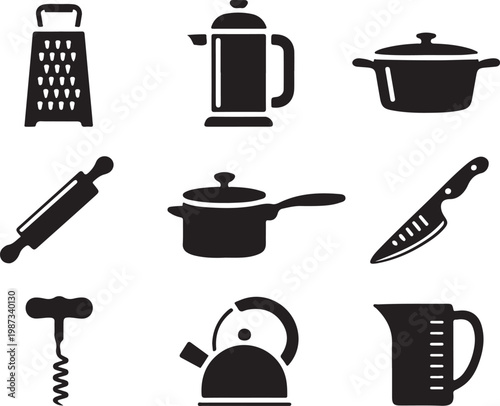 Assorted kitchen tools and utensils in black and white illustration style