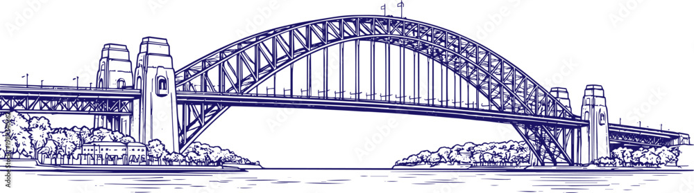Naklejka premium Sydney Harbour Bridge hand drawn line art sketch illustration, iconic Australian landmark architecture, detailed urban cityscape outline, minimalist black ink drawing, travel destination artwork