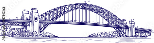 Sydney Harbour Bridge hand drawn line art sketch illustration, iconic Australian landmark architecture, detailed urban cityscape outline, minimalist black ink drawing, travel destination artwork