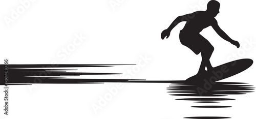 Skimboarding moment of sliding on a thin layer of water, flat black vector illustration