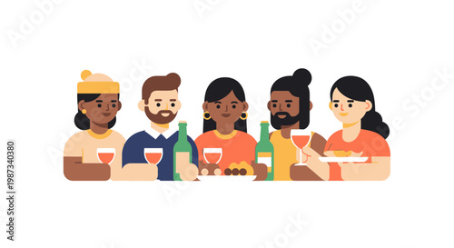 Diverse people eating and drinking.
