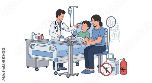 A vector illustration depicts a doctor attending to a young boy in a hospital bed, as his mother sits beside him, with an IV drip and mosquito net equipment illustrating community mosquito