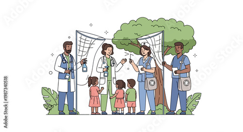 A community malaria prevention education campaign is depicted in this vector illustration, showing doctors and nurses educating young children using mosquito nets in a hospital setting