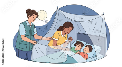 Illustration depicting a community mosquito prevention education scene, where a woman carefully tucks a mosquito net around a bed with two children sleeping peacefully, set against a night