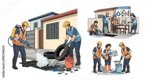 A vector illustration shows a community mosquito prevention education scene, where workers in protective gear are depicted cleaning up stagnant water and educating others about malaria