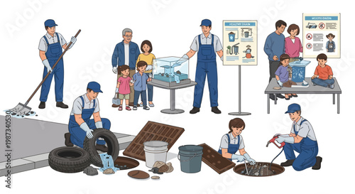 An educational illustration depicts community mosquito prevention education, showcasing workers in blue uniforms clearing stagnant water from tires and drains, while families learn