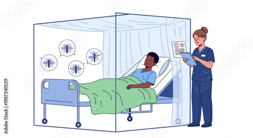 Illustration of a nurse providing malaria treatment in a hospital, checking on a patient resting in a bed enclosed by mosquito netting as part of a community mosquito prevention education