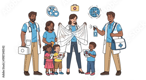 An illustration shows community mosquito prevention education with two healthcare workers assisting a family with children, demonstrating the use of a mosquito net against a white