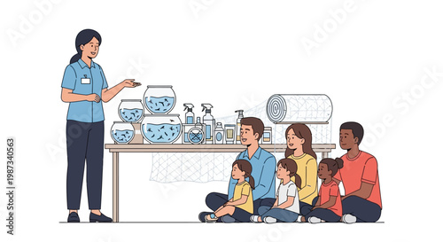 In a community mosquito prevention education illustration, a healthcare worker provides instruction to a diverse group of families while standing at a table covered with mosquito repellent