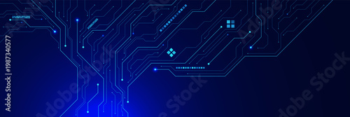 Abstract digital technology banner on dark blue background vector. Futuristic circuit board with electronic component including chip, processor and semiconductor. Design for web banner, presentation.