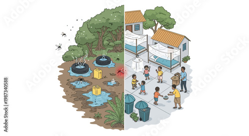 Illustration depicting a community mosquito prevention education scene, showing stagnant water in tires breeding mosquitoes on one side and children protected by mosquito nets at a hospital