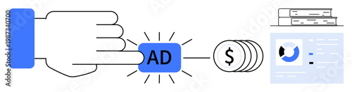 Online advertising concept. Online advertising through a click button, coins profit, and a data dashboard. Perfect for digital marketing, analytics, ad revenue, user interaction, and e-commerce
