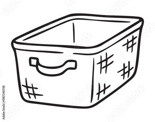 Rectangular woven storage basket with handle, handdrawn line art showing textured weave, tidy shelf setup, neutral decor mood, sustainable rattan vibe, practical organizer for laundry and small items