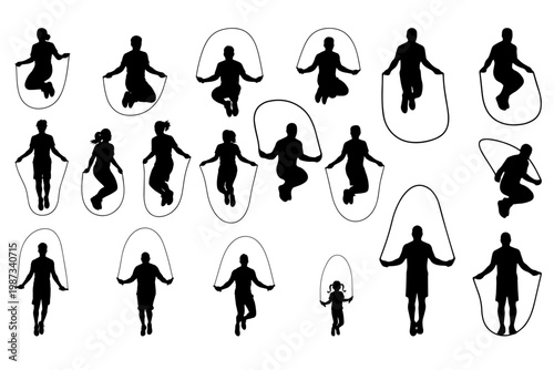 Person Jumping Rope Silhouette Vector Set | Skipping Fitness Workout Exercise Figures Collection