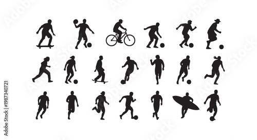 Dynamic collection of sports and recreation silhouettes engaged in various activities.