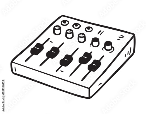 Mixer with faders and knobs, compact console line art showing five vertical faders, rotary knobs and meter icons, minimalist monochrome style, ideal for podcasting, livestreaming, music production,