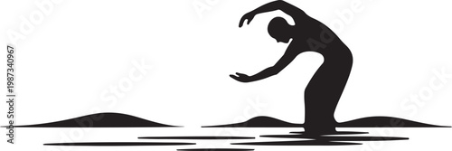 Thi Chi yoga exercise on beach icon, flat black vector illustration