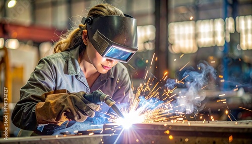 Professional Welder at Work in a Metal Shop Protective Gear Bright Sparks Industrial Setting Female Skilled Trade Career.