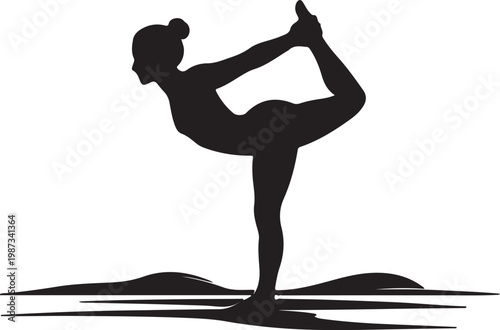 Yoga Crow Pose or Headstand on the sea beach silhouette, flat black vector illustration