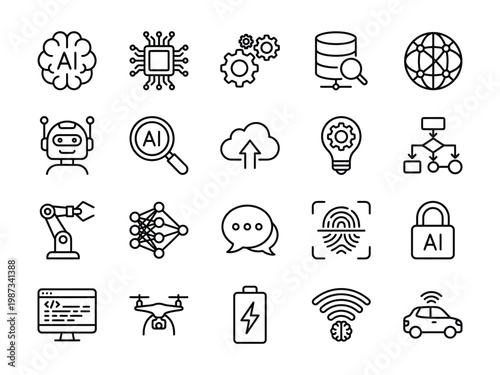 Artificial intelligence and technology line icons set with robotics data digital concepts machine learning neural network self driving car technology robotics innovation algorithm intelligence