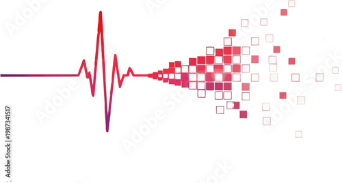 Abstract visualization of a heartbeat pulse transforming into pixelated squares, representing data or digital transformation