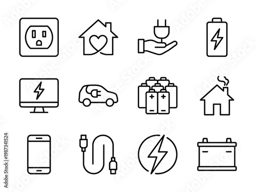 Electricity and energy line icons set with charging power eco friendly home concepts smart home electric car lightning bolt energy saving power plug electricity charging electric