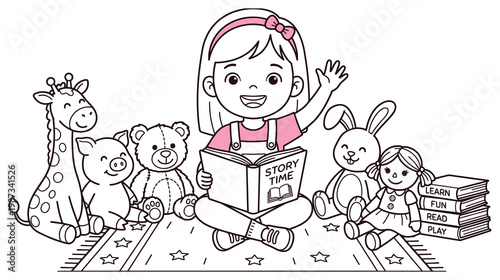 Story time coloring page of young girl reading with animal plushies.