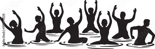 Water Aerobics Group silhouettes in a rhythmic lines, flat black vector silhouette