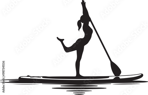 Yoga Paddleboard silhouette on sea beach, flat black balance poses on a board