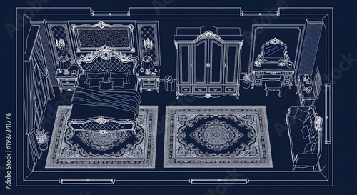 Luxury Bedroom Furniture Layout Top View Blueprint Vector – Grand Interior AutoCAD Plan White Outline on Dark Blue Background