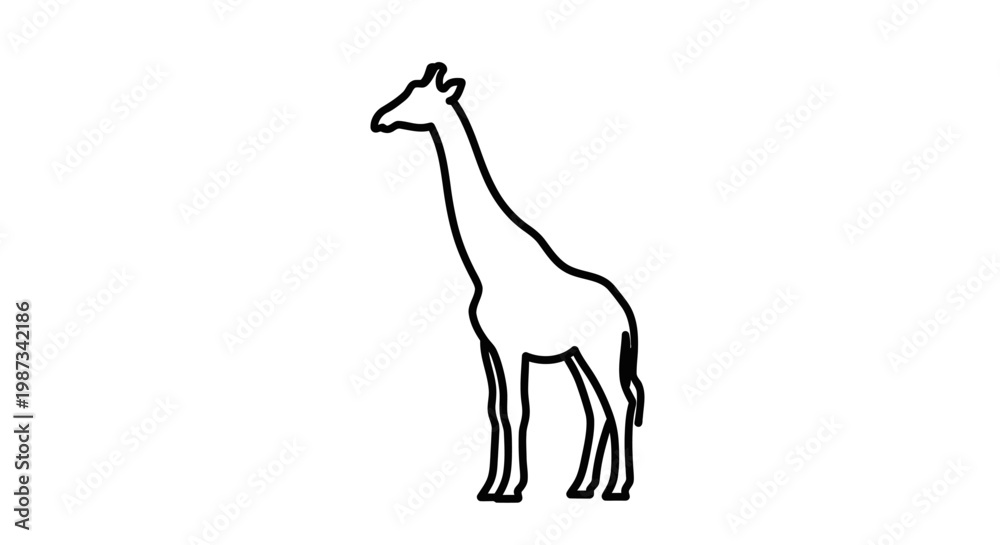 Fototapeta premium Simple black and white outline drawing of a tall giraffe standing in profile on a plain background.