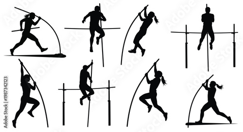Pole vaulting athletes in various stages of the sport black silhouette