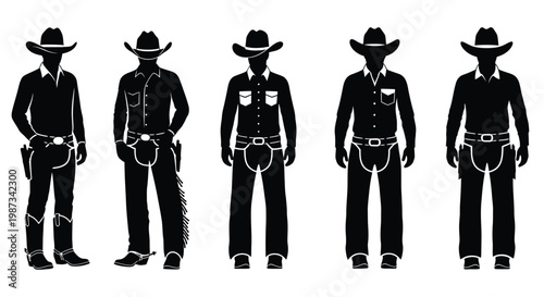 Five cowboys in varying poses depicted as a black silhouette