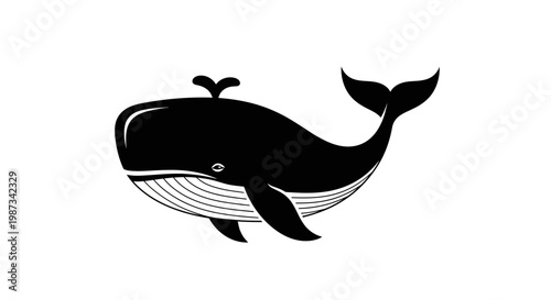Stylized black and white illustration of a large whale spouting water from its blowhole, swimming in the ocean.