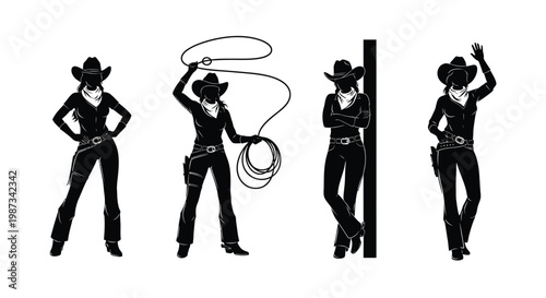 Three cowgirls in various poses and outfits depicted in black silhouette
