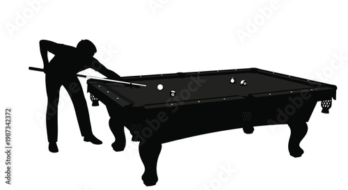 Man preparing to play pool cue in hand striking position silhouette