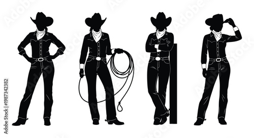 Four cowboys in western attire depicted in a striking black silhouette