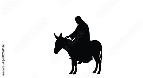 Jesus riding a donkey depicted in a stark black silhouette