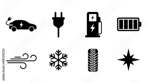 A collection of contemporary vector icons detailing electric vehicle charging, sustainable energy sources, essential automotive components, and environmental factors like wind and snow