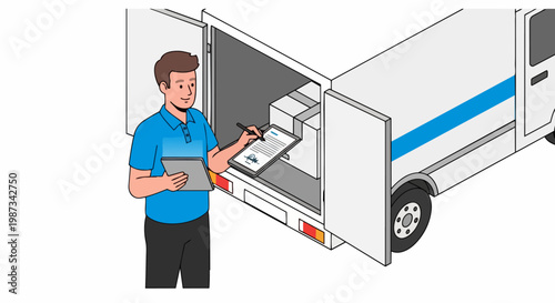 Delivery Courier Signing Digital Tablet for Package Receipt Next to Transport Van