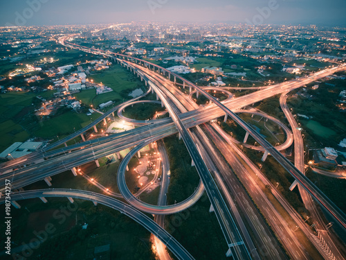 Wallpaper Mural Aerial View of Highway Interchange - Transport concept image, long exposure birds eye view use the drone, shot in Pingzhen Interchange System, Taoyuan, Taiwan. Torontodigital.ca