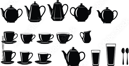 Flat vector illustration, kitchenware silhouettes, teapot coffee pot cups saucers pitcher spoons glasses black white artwork, decorative concept