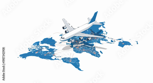Isometric Global Aviation and Logistics Concept with Airplane Flying Over World Map Network Routes
