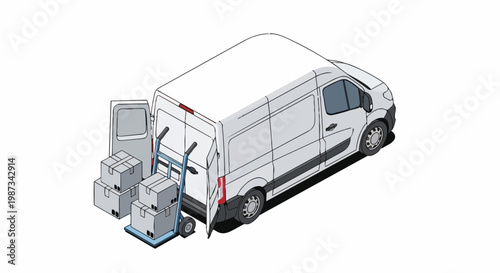 Isometric Illustration of a White Delivery Van with Boxes and Hand Truck for Logistics and Shipping Concepts