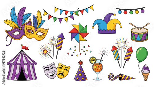 Collection of colorful cartoon circus and carnival icons mask, tent, fireworks, hats, ice cream, and drinks for festive celebrations