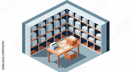 Isometric Post Office Mailroom Illustration with Sorting Table, Shelves, and Envelopes