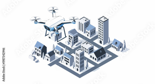 Isometric Delivery Drone Carrying Package over a Miniature City, Smart Logistics and Future Technology Concept