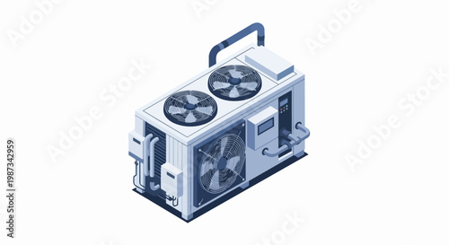 Isometric Industrial HVAC Air Conditioning Unit for Commercial Cooling Systems, Ventilation and Climate Control, Isolated 3D Illustration on White Background